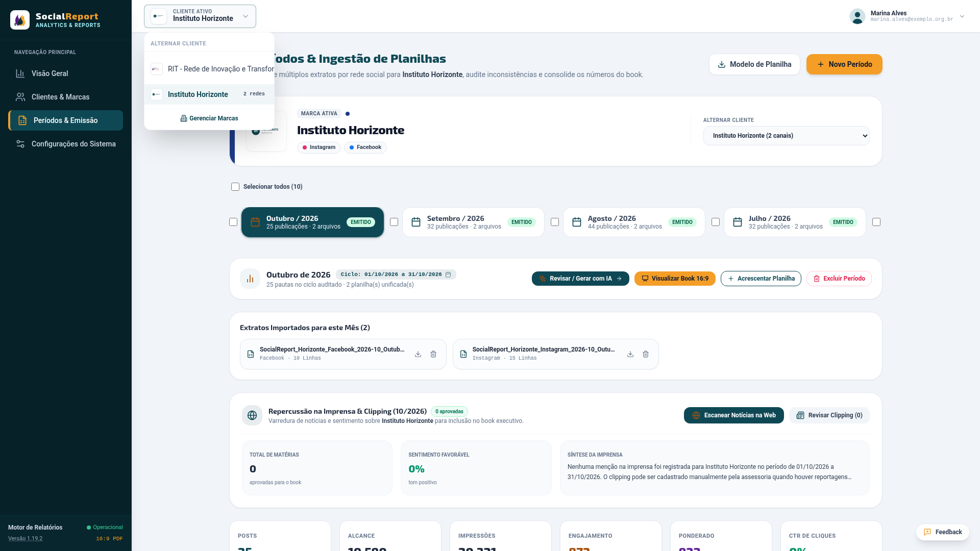 Seletor de cliente ativo aberto, com a lista de clientes