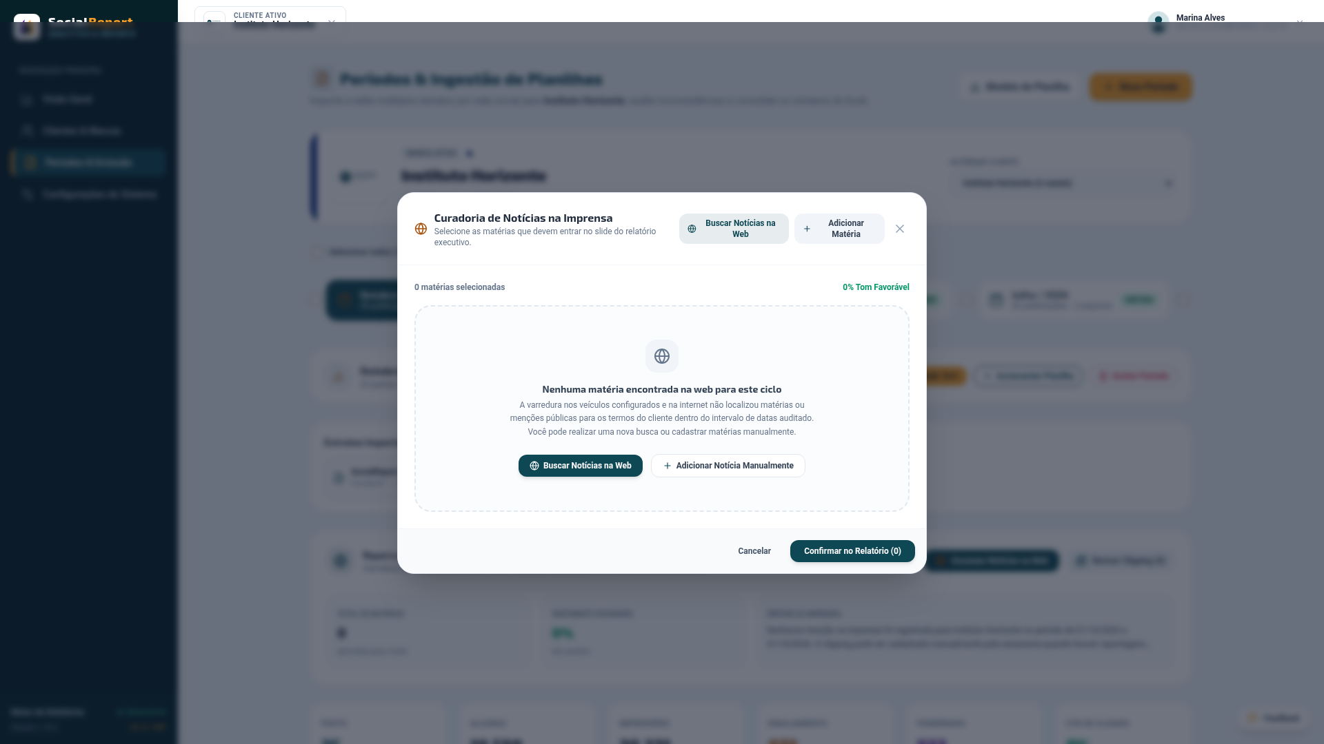 Curadoria de notícias na imprensa, sem matérias encontradas, com os botões para buscar e para adicionar uma matéria