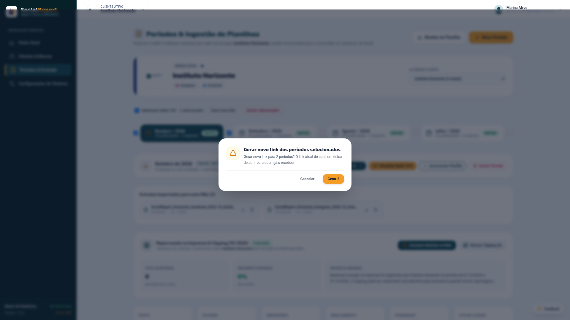 Confirmação do novo link em lote, informando quantos períodos serão afetados