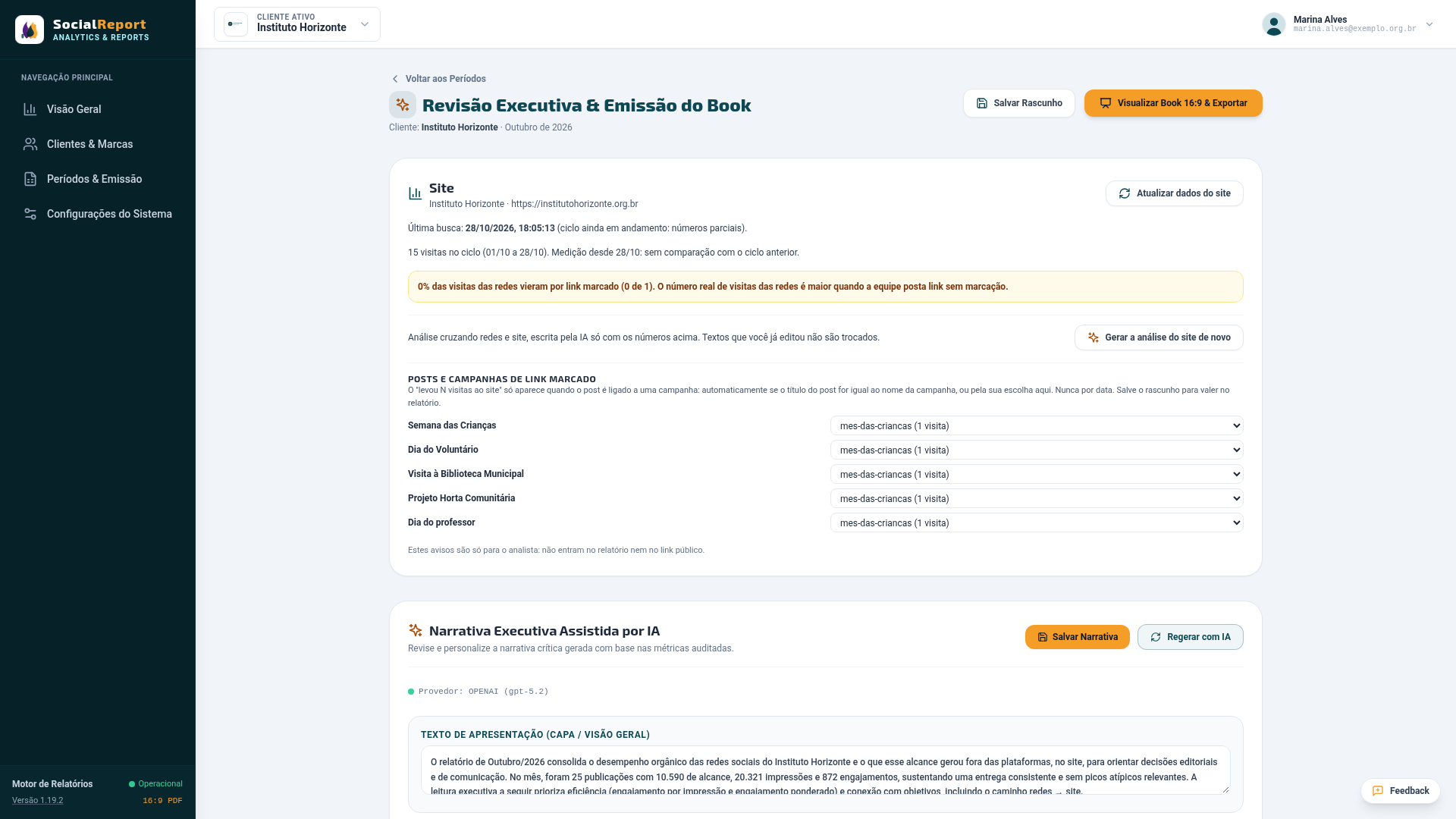 Bloco Site da revisão, com a última busca, os avisos do analista e as campanhas de link marcado