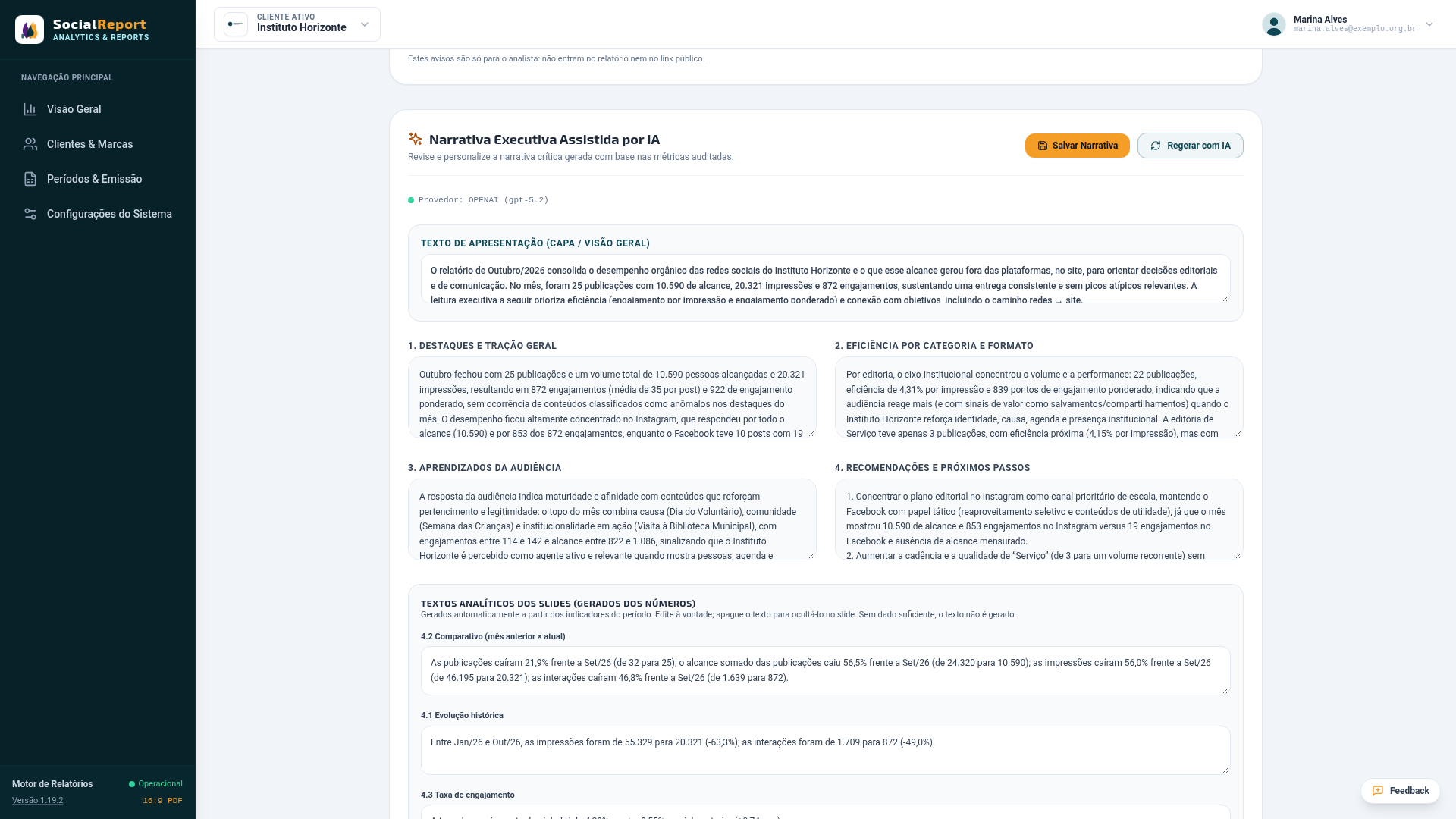 Bloco da narrativa executiva, com o provedor de IA usado e os campos de texto editáveis
