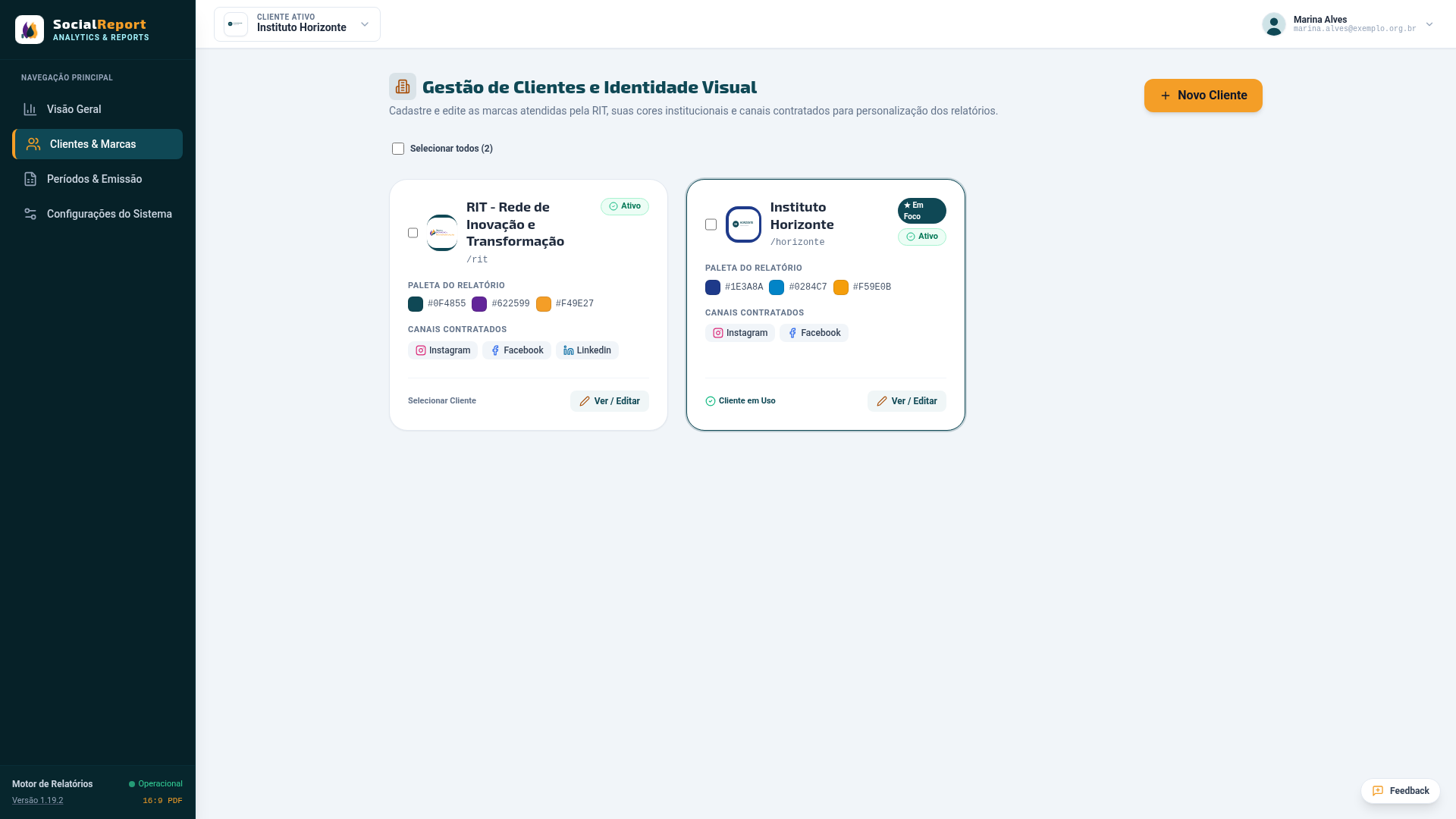 Lista de clientes, com a paleta, os canais contratados e os botões de selecionar e editar