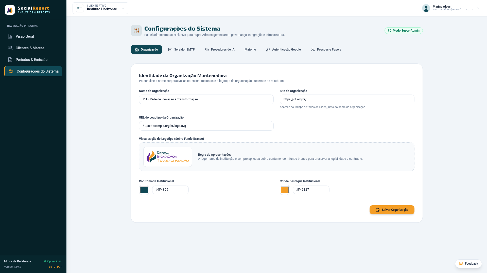 Tela Organização, com o nome, o site, o logotipo e as cores da organização que emite os relatórios