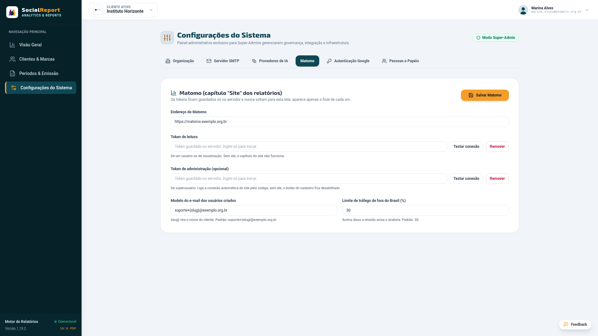 Tela de configuração do Matomo, com o endereço, o token de leitura, o token de administração e os limites