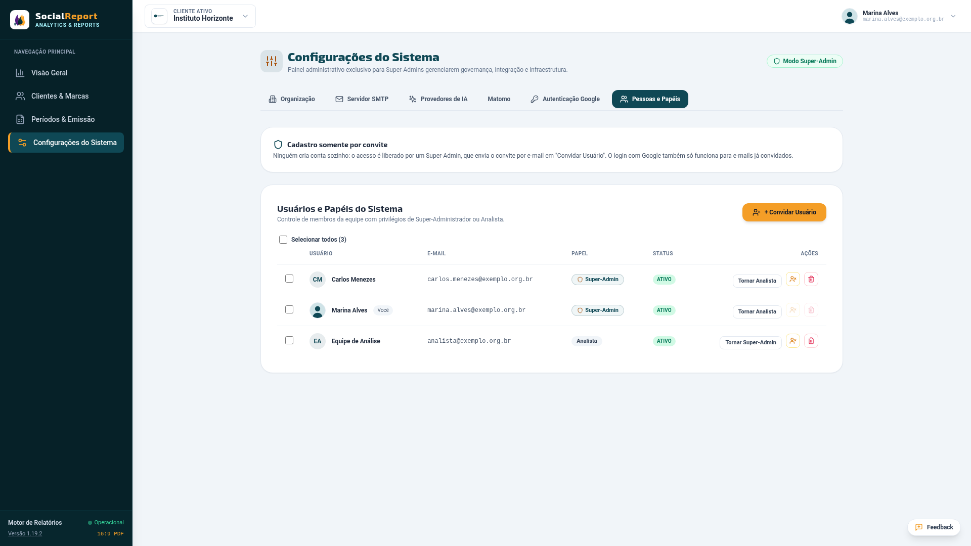 Tela Pessoas e Papéis, com o aviso de cadastro somente por convite e a lista de usuários com papel e status
