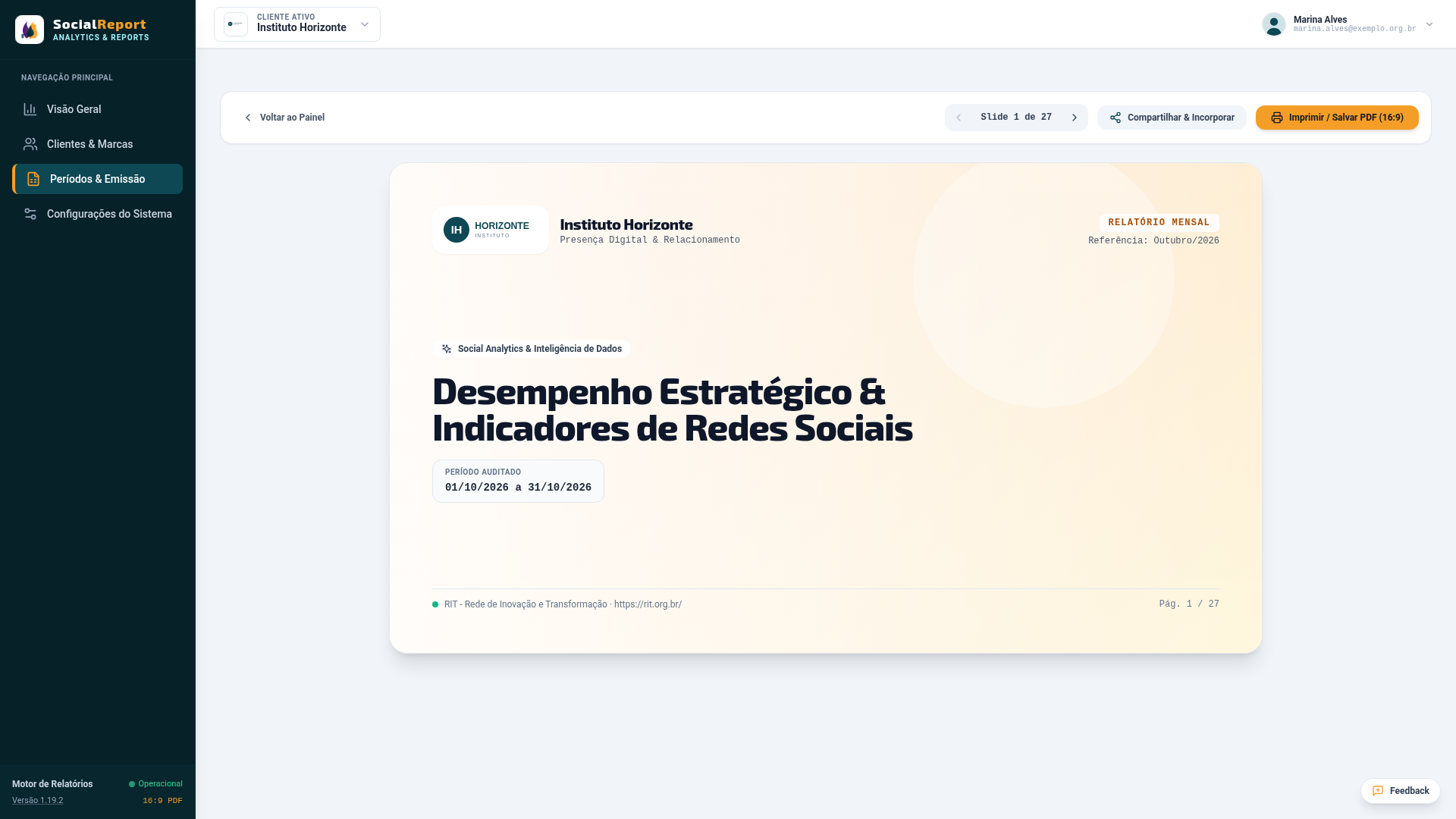 Relatório aberto no sistema, com a barra de navegação, o botão Compartilhar e Incorporar e o botão de PDF