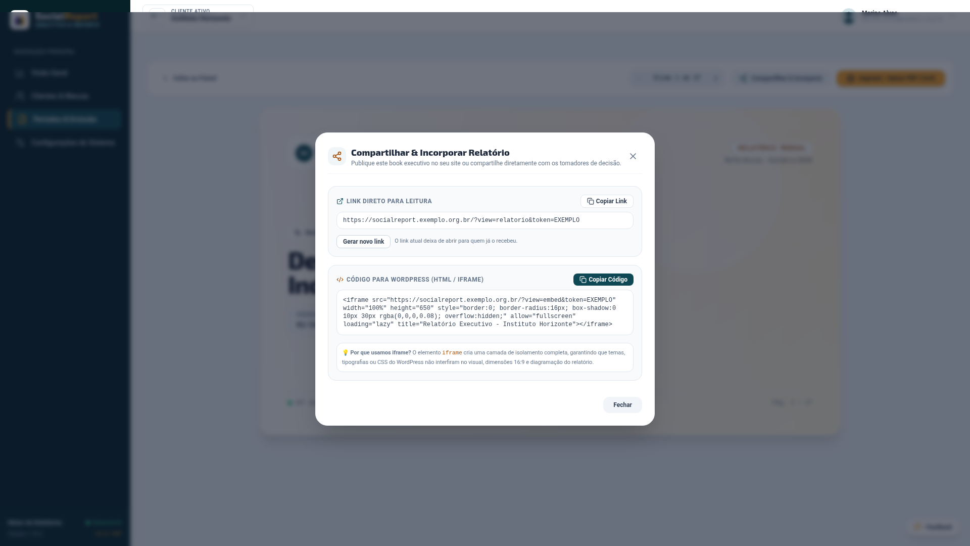 Janela Compartilhar e Incorporar, com o link direto, o botão Gerar novo link e o código para WordPress