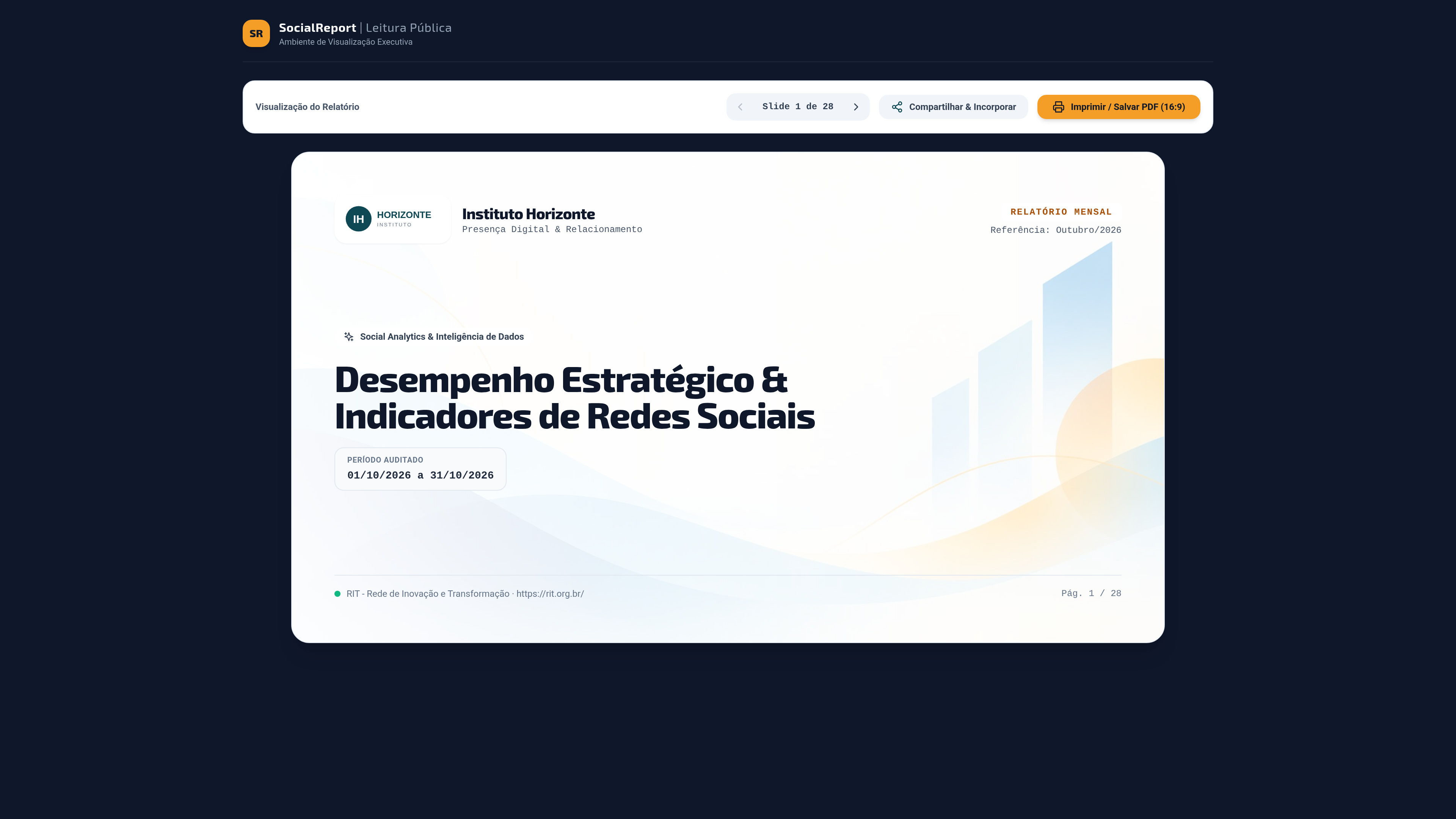 Relatório aberto pelo link público, com a barra de navegação acima do slide