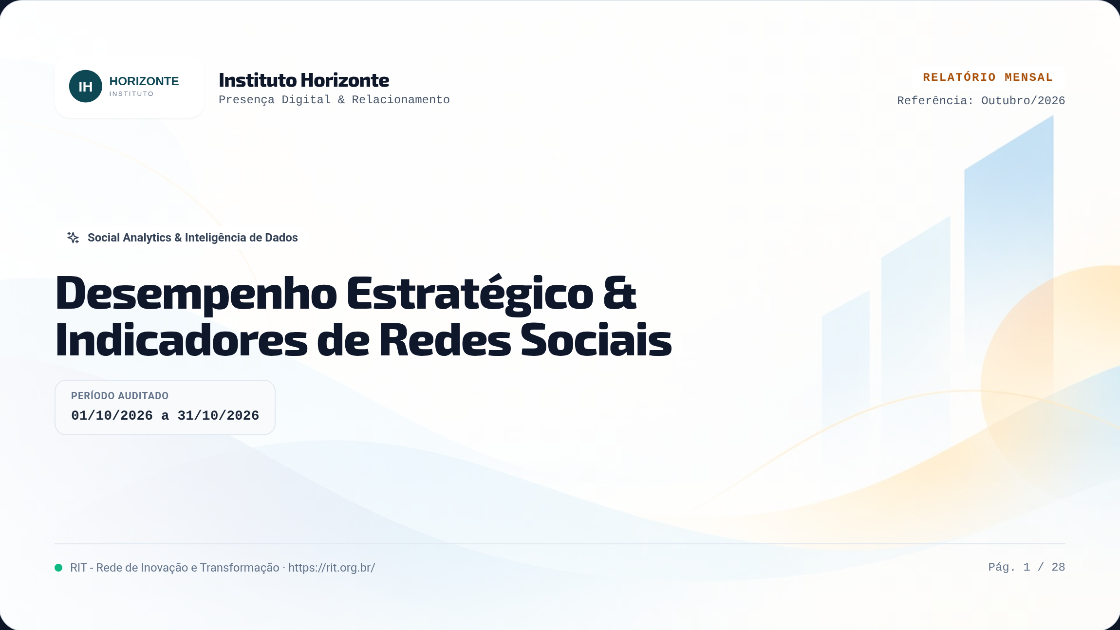 Capa do relatório mensal, com o nome da organização, o período auditado e o título