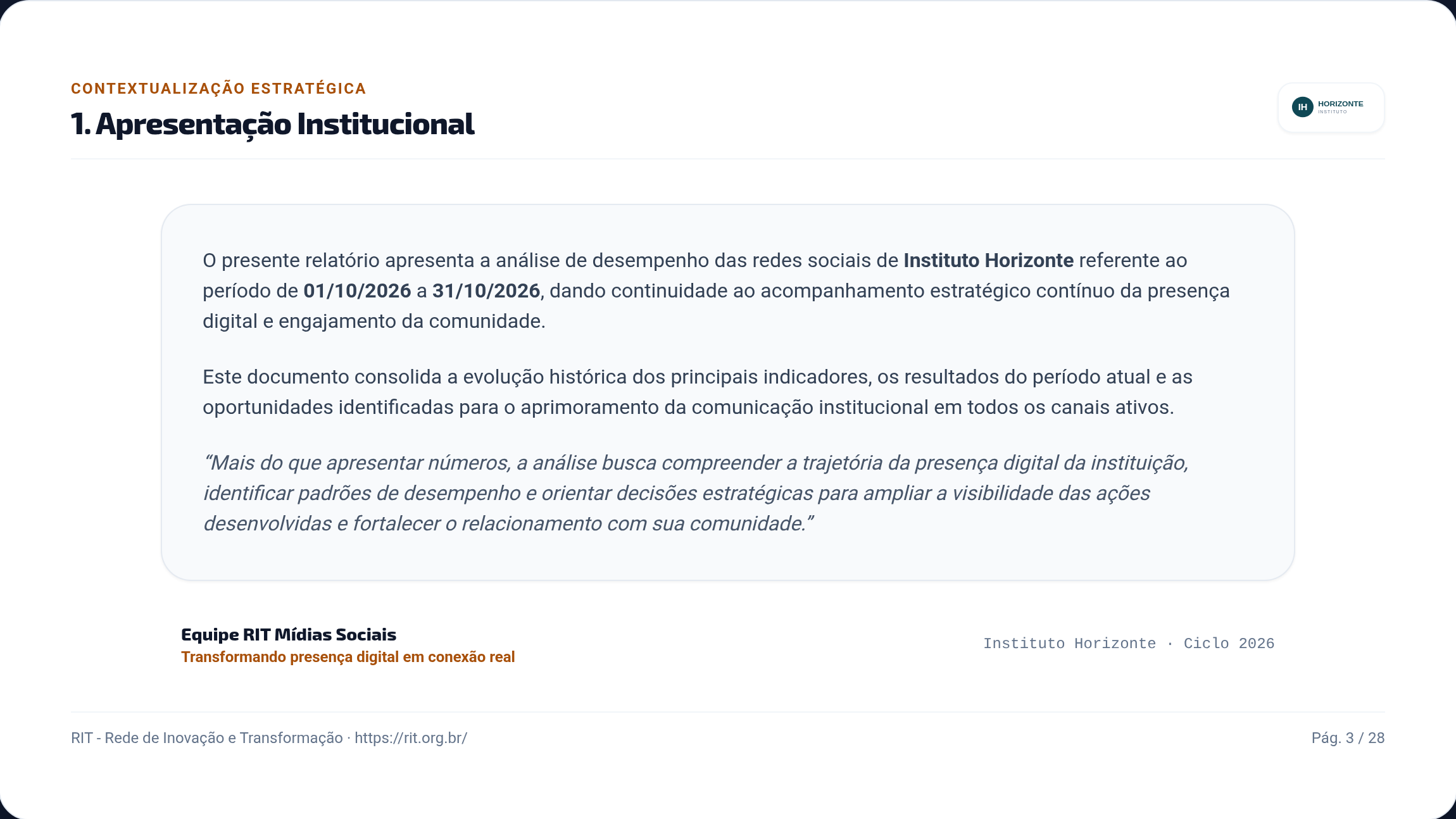 Página de apresentação institucional, com o texto de contexto e a assinatura da equipe