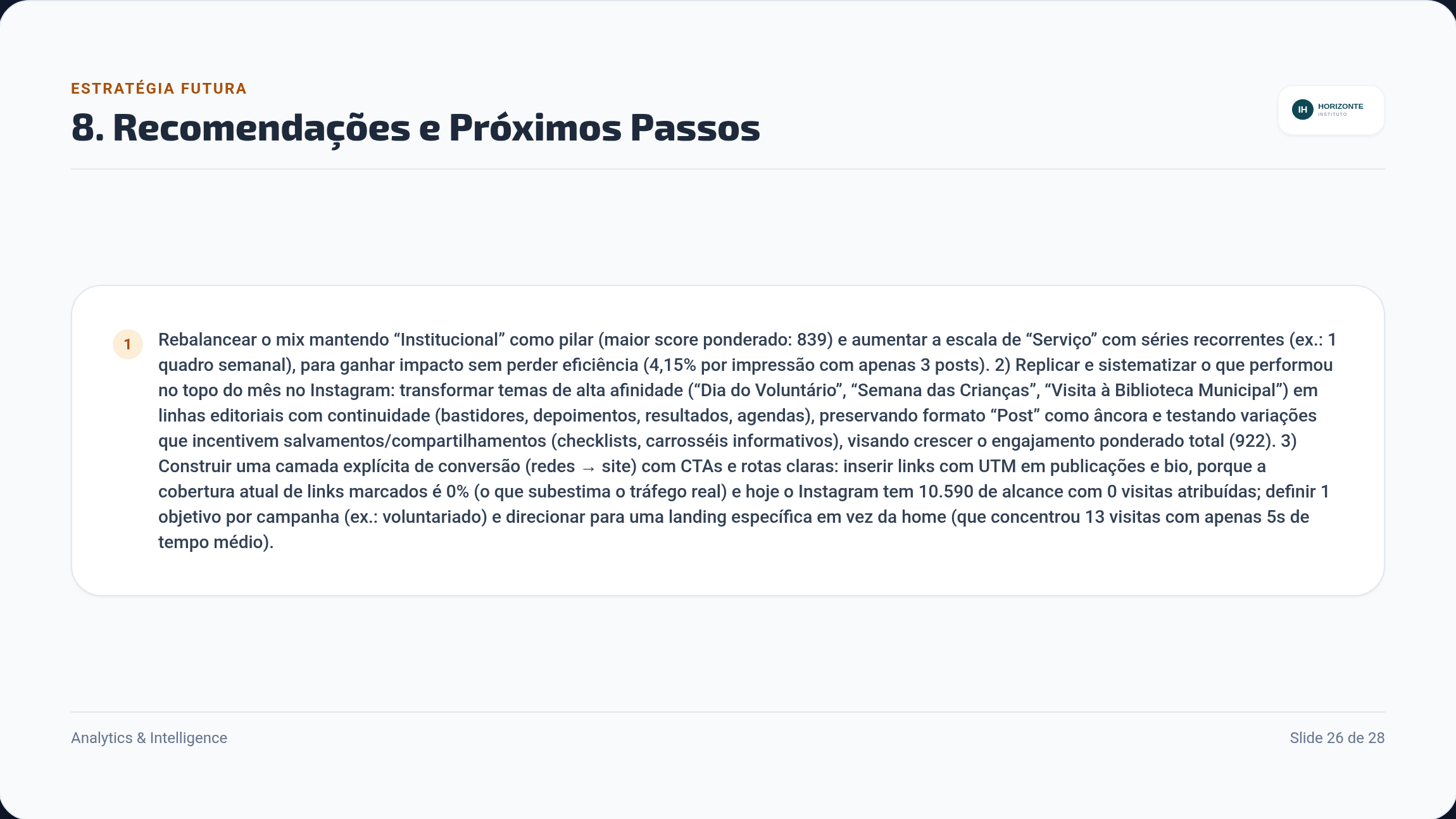 Página de próximos passos, com as recomendações numeradas para o mês seguinte